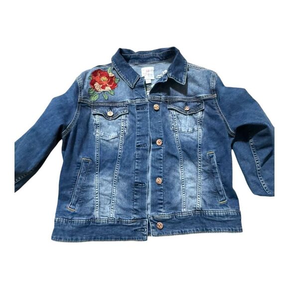 Lularoe Harvey Crop Denim Jacket With Roses! Rare! Rose gold buttons! Size Large - Picture 1 of 8